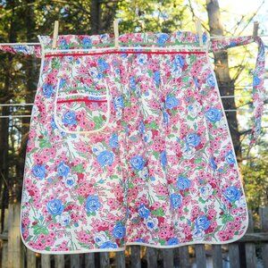 VTG 1970's Pink Floral & Blue Roses Hostess Apron Cottagecore w/ Pocket NWOT